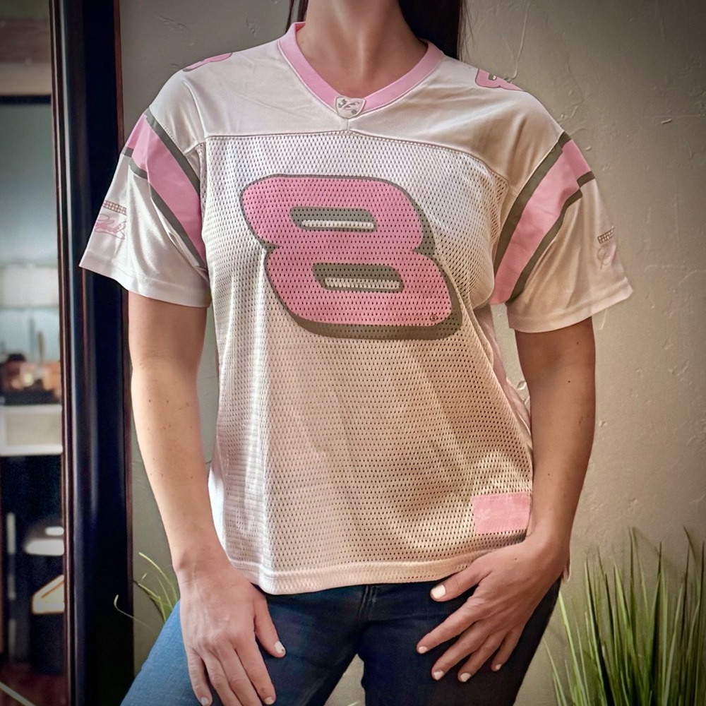 NASCAR Dale Earnhardt Jr 8 Pink and White Mesh Women’s Short Sleeve Jersey